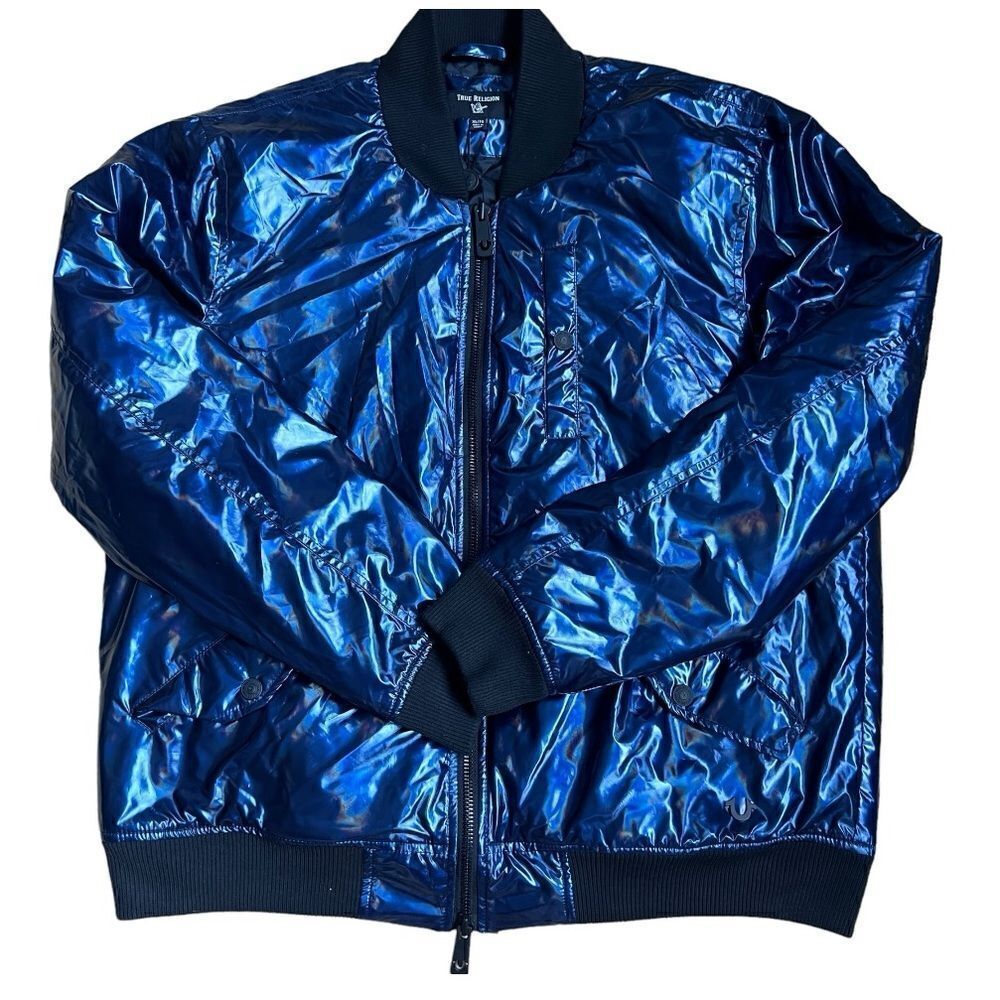 TRUE RELIGION Men's Navy Iridescent Fashion Bomber Jacket Size XL.